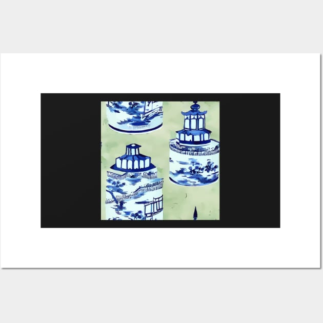 Blue and white chinoiserie jars on sage green Wall Art by SophieClimaArt